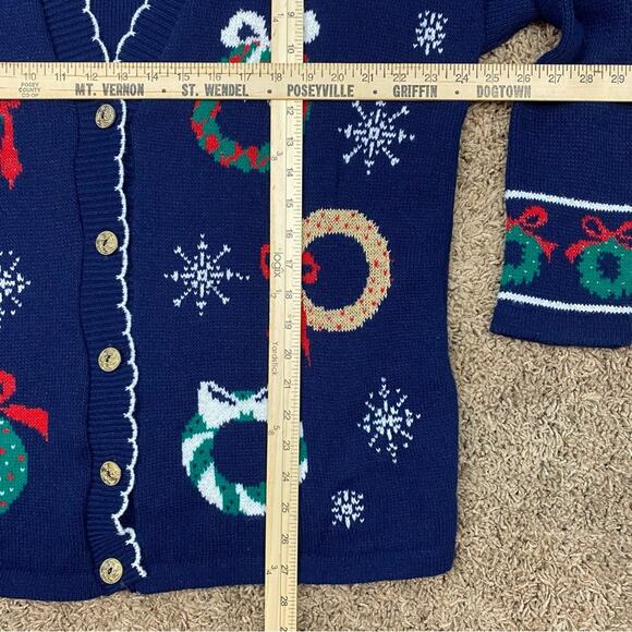 Vintage Grandma Christmas Wreath Sweater Cardigan Nutcracker Large 90's - Picture 4 of 7
